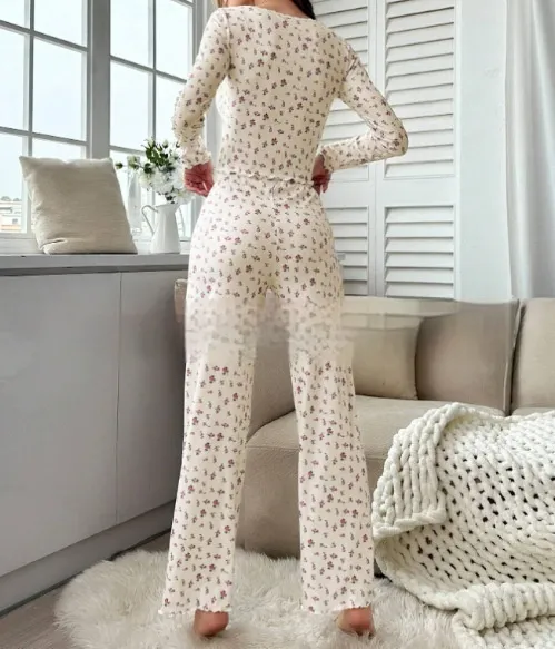 Small Floral Print Lettuce Edge Lace Collar Button Pajamas Suit - Apricot