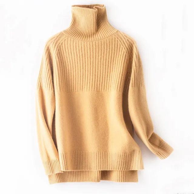 Temperament High Collar Bedford Cord Sweater Ladies Golden Camel - Shop at LoveMi