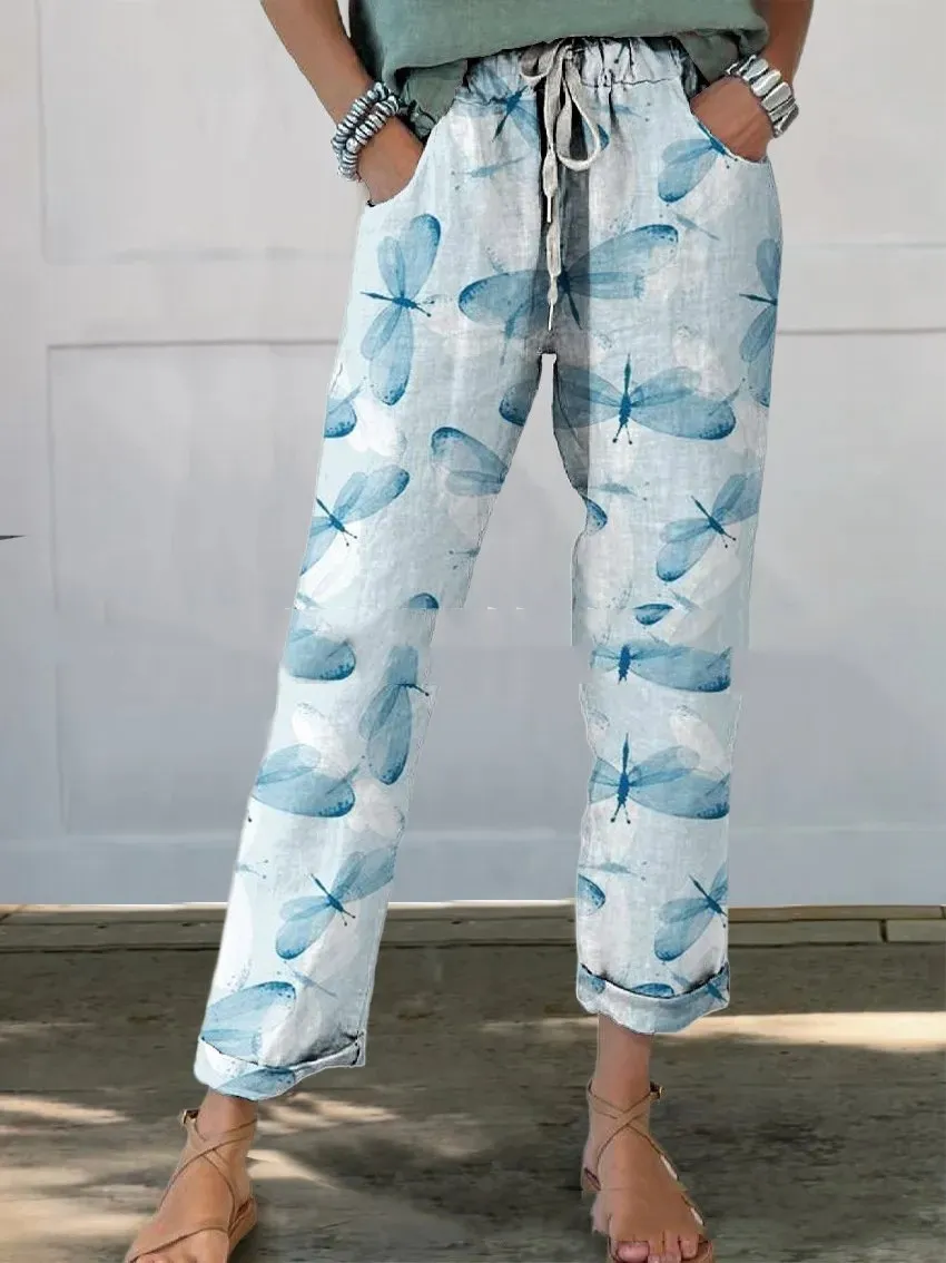 Drawstring Pocket Printed Casual Cropped Pants - No 5 Color