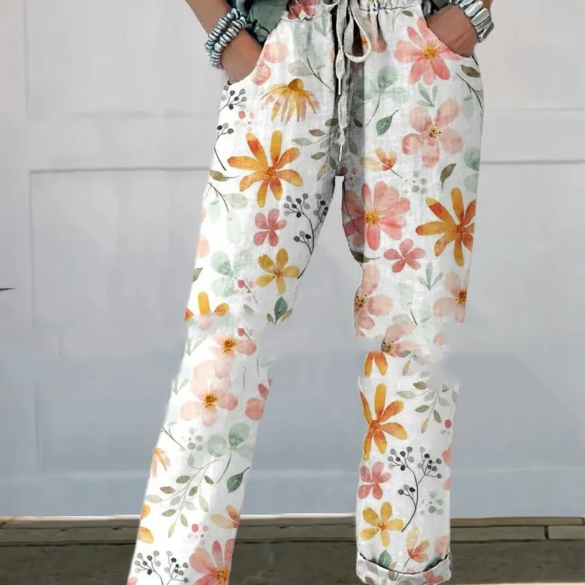 Drawstring Pocket Printed Casual Cropped Pants - No 6 Colour