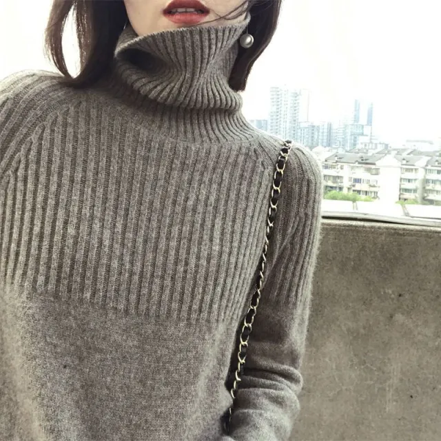 Temperament High Collar Bedford Cord Sweater Ladies Camel Colored Flower - Shop at LoveMi