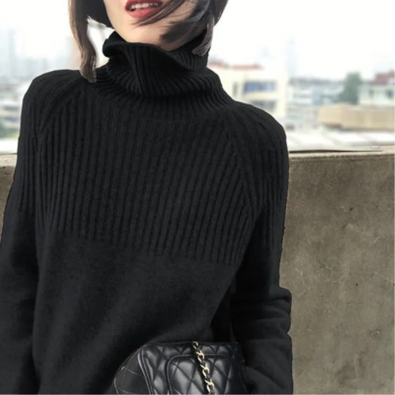 Temperament High Collar Bedford Cord Sweater Ladies - Black