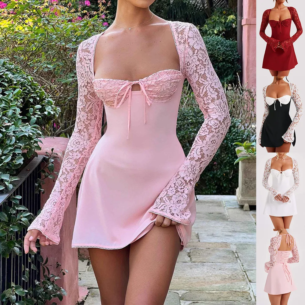 Y2K Lace Long Sleeve Dress Fashion Sexy Corset Backless