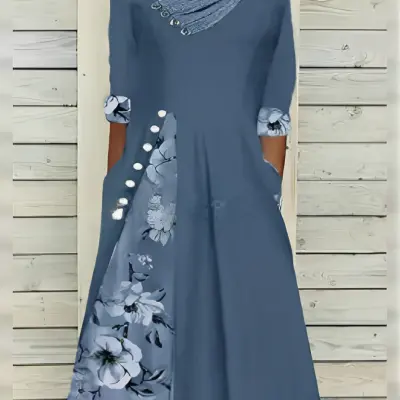 Short-sleeved Pullover Long Dress Print High-class Loose