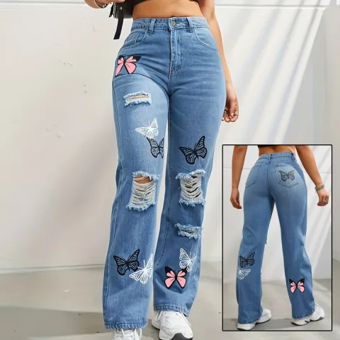 High Waisted Straight Leg Jeans for Women Trendy Butterfly