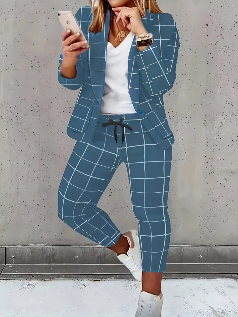 Multicolor Print Casual Suit Commuter Blazer Pants Set