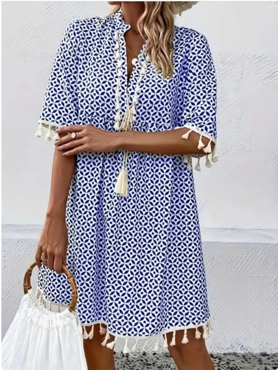 Title 12, Gentle Style Printed Tassel Ruffled V-neck Dress