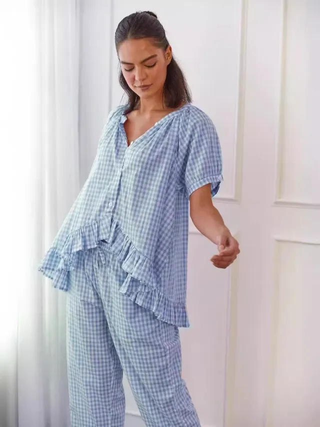 Women's Comfort And Casual Ruffled Button Top Trousers Suit Blue - Shop at LoveMi