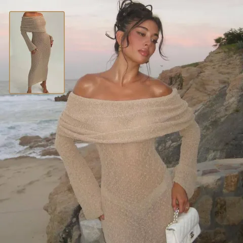 New One-shoulder Knitted Long-sleeved Dress Sexy Beach Holiday Long