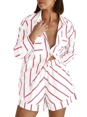 Summer Loose Striped Cardigan Shorts Suit - Pink