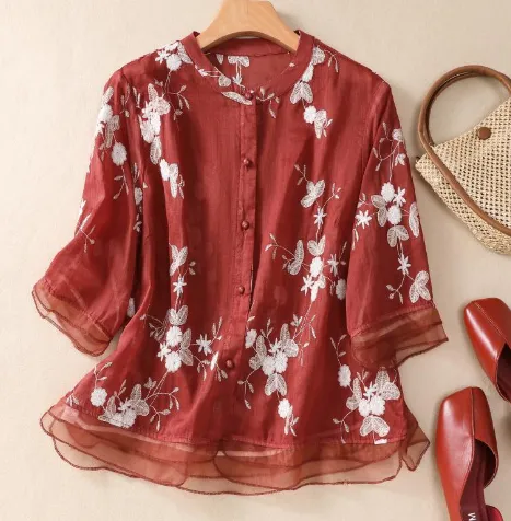 Artistic Retro Heavy Industry Embroidered Cotton And Linen Top - Red
