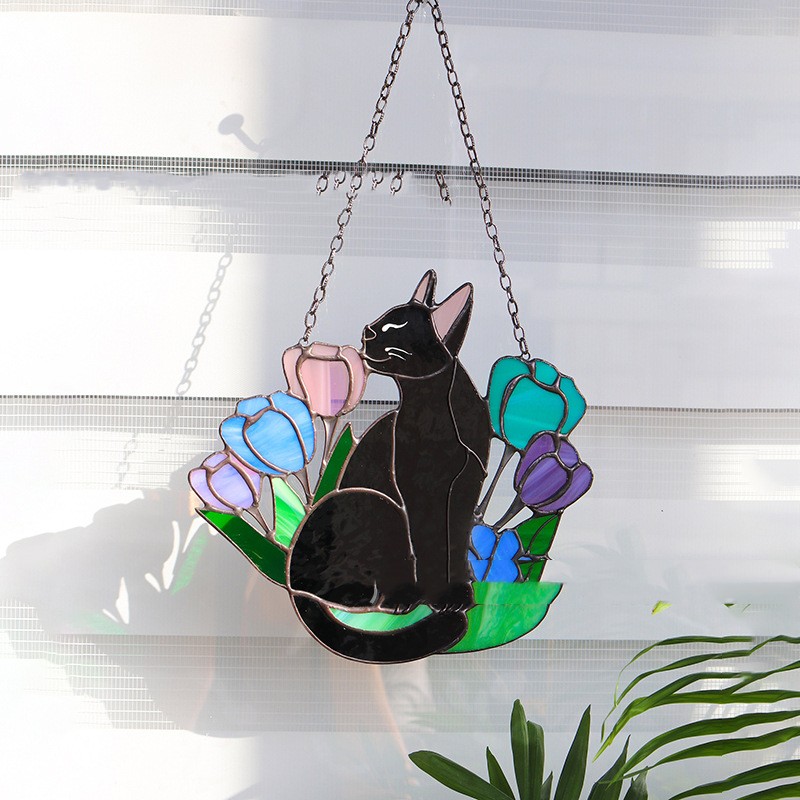 Title 5, Suncatcher Cat In Flowers Window Hangins