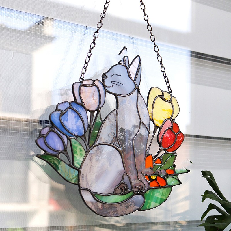 Title 2, Suncatcher Cat In Flowers Window Hangins