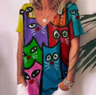 Women's Casual Short Sleeve V-Neck Cat 3D Print Top - Att23041A6-Xl