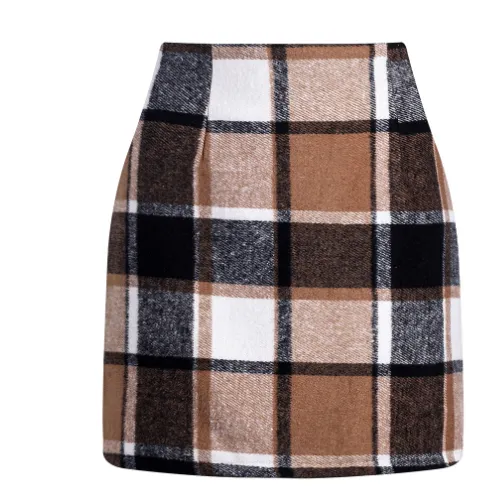 Women's High Waisted Plaid Skirt Tight Fitting Khaki - Shop at LoveMi