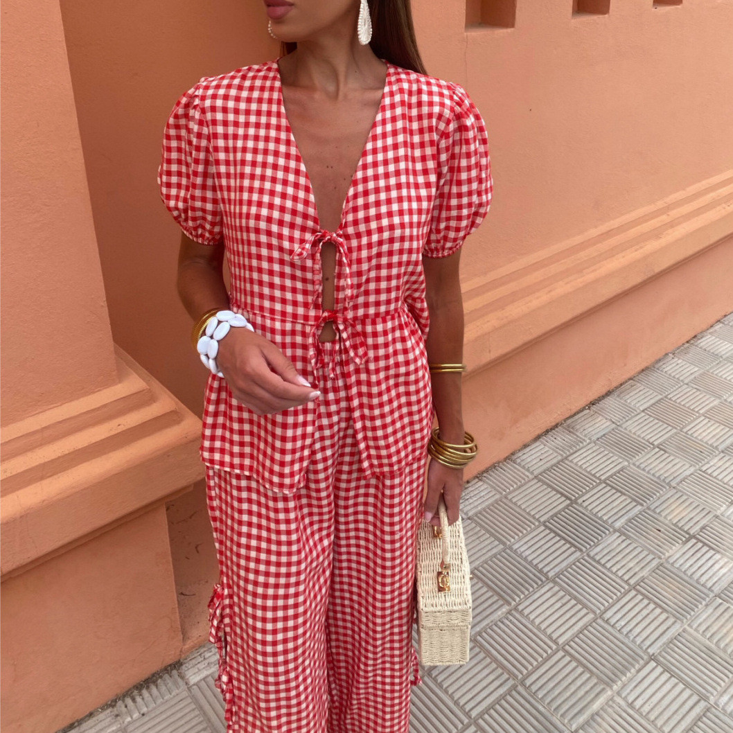 Women's Fashion V-neck Lace-up Plaid Knotted Suit