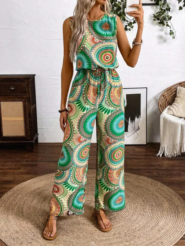 Women's Printed Jumpsuit Sleeveless Straight Green - Shop at LoveMi