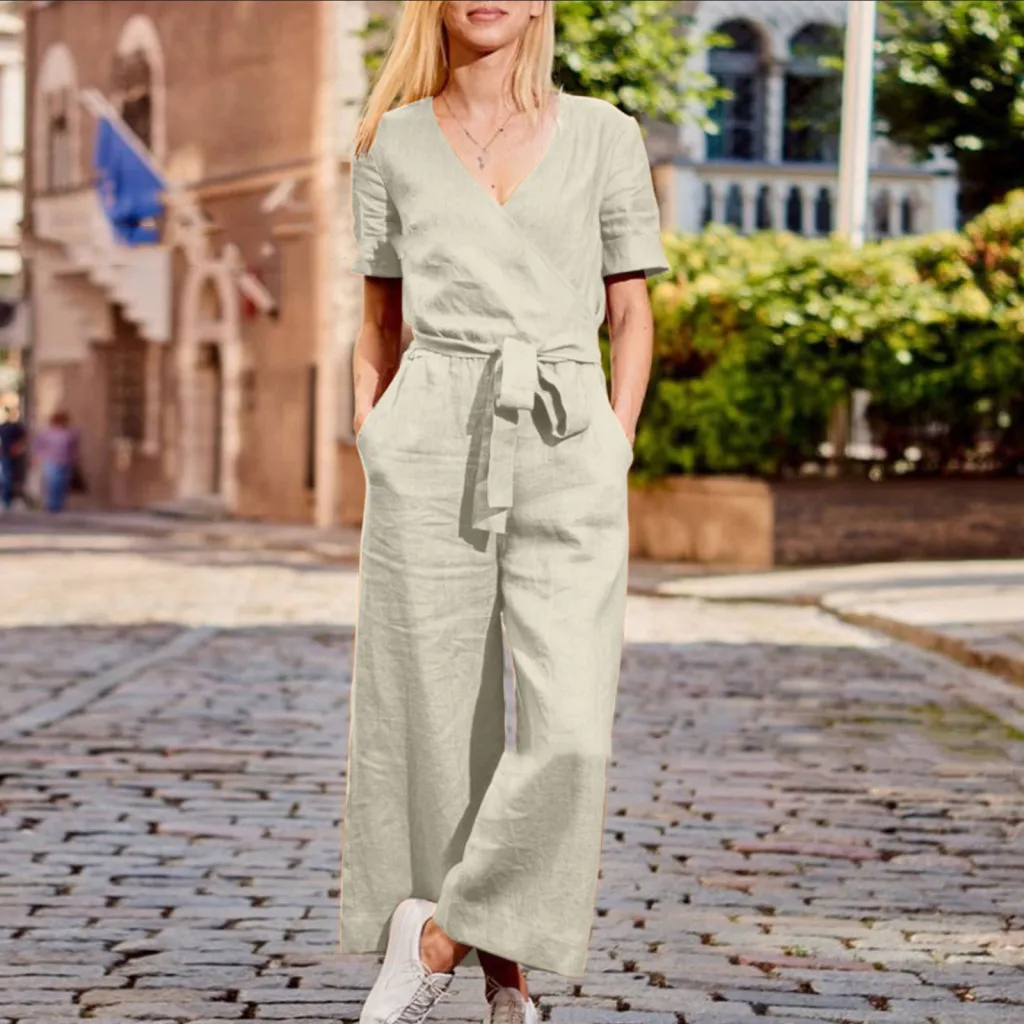 Spring And Summer New Short Sleeve Solid Color Casual Loose One-piece Trousers - Beige White