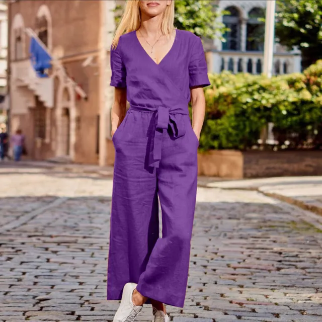 Spring And Summer New Short Sleeve Solid Color Casual Loose One piece Trousers Purple - Shop at LoveMi