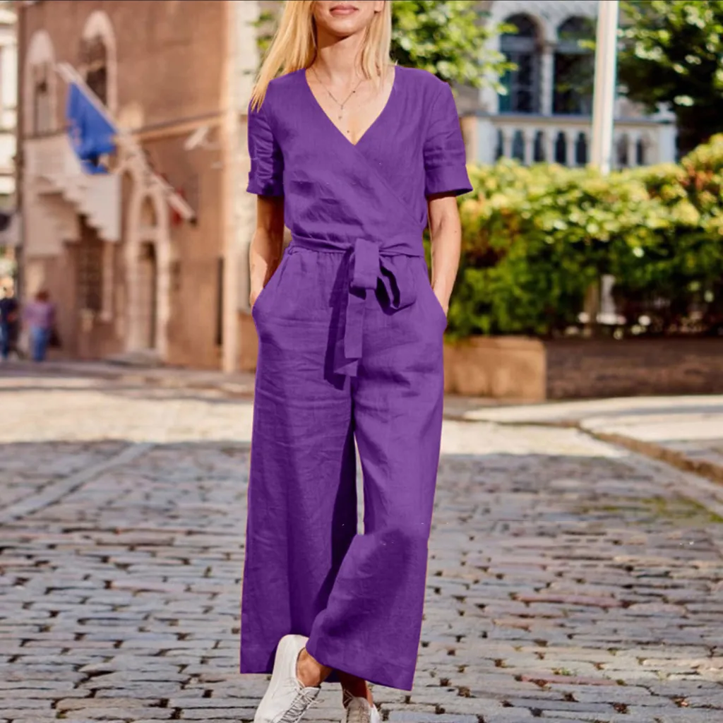 Spring And Summer New Short Sleeve Solid Colour Casual Loose One-piece Trousers - Purple