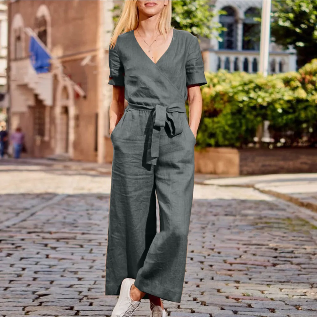 Spring And Summer New Short Sleeve Solid Color Casual Loose One-piece Trousers - Graphite Color-Xl