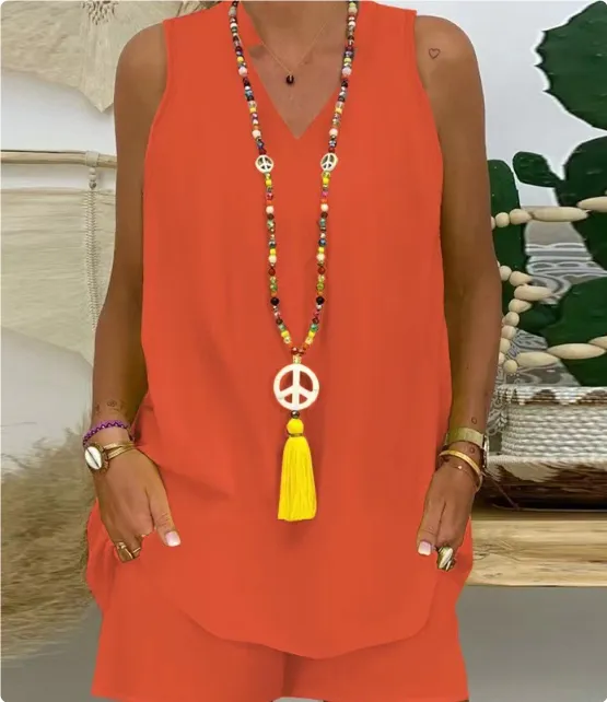 Fashion Casual Sleeveless Printed Top Shorts Suit - Orange