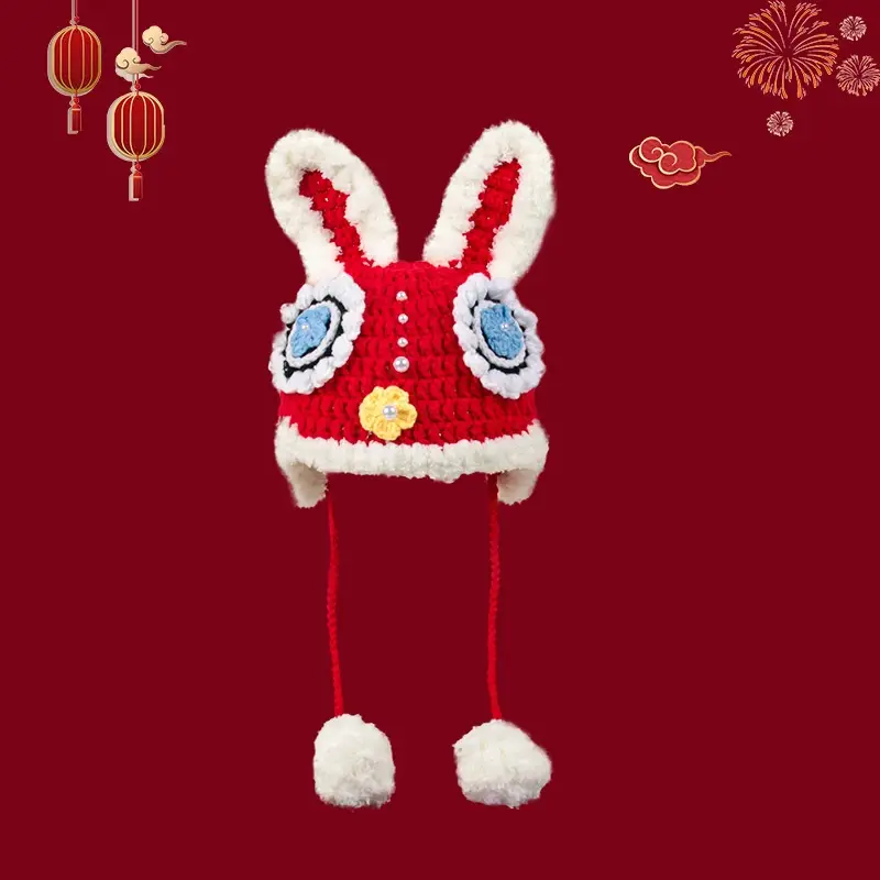 Dragon Year Hat Red Chinese Knitted Tiger Head Hat Baby Chinese New Year Celebration Joyous Xingshi Sleeve Cap