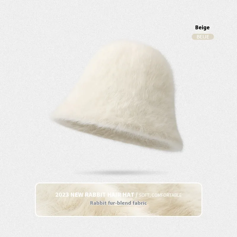 Rabbit Fur Bucket Hat Women's Fleece-lined Warm Bucket Hat - Beige