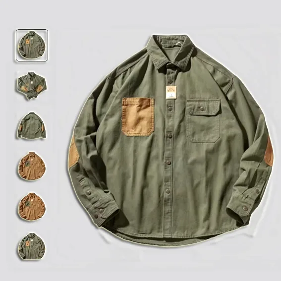 Men Clothing Sleeve Stick Cloth Washed Cotton Long-sleeved Shirt