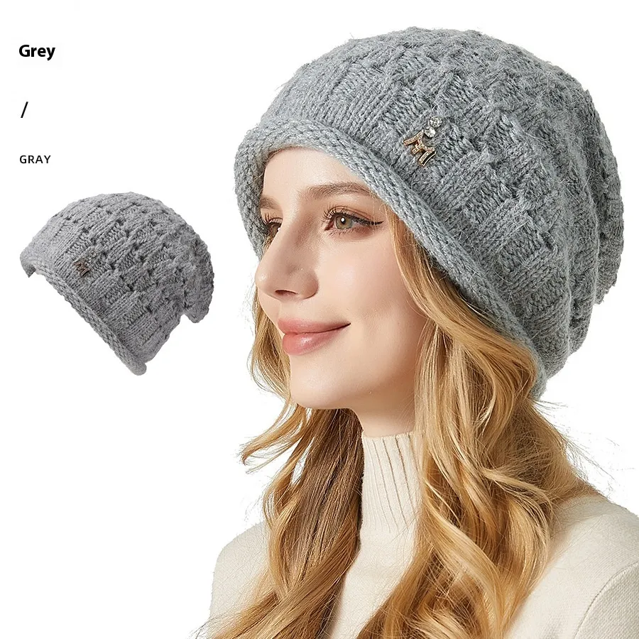 Knitted Hat Double-layer Thickened Rabbit Fur Pile Heap Cap - Gray
