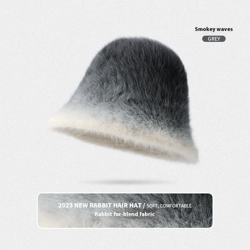 Rabbit Fur Bucket Hat Women's Fleece-lined Warm Bucket Hat - Dmz101 Smoke Bo Miao