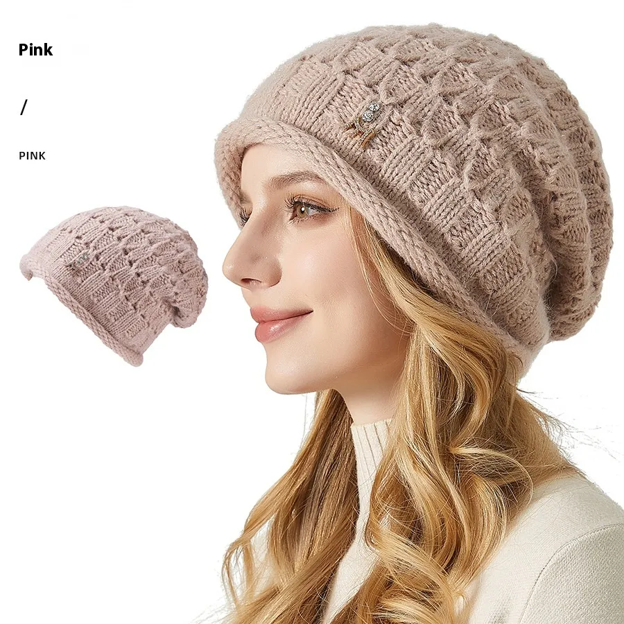 Knitted Hat Double-layer Thickened Rabbit Fur Pile Heap Cap - Pink