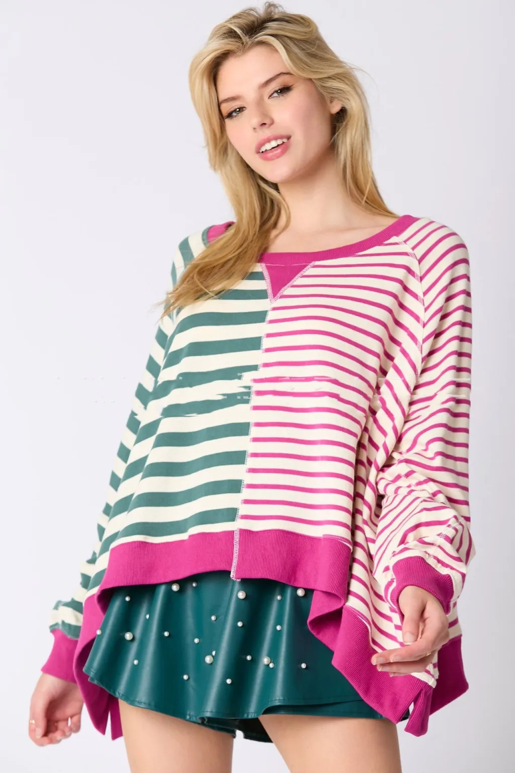 Women's Round Neck Multicolor Striped Long-sleeved Top Sweater - Blue