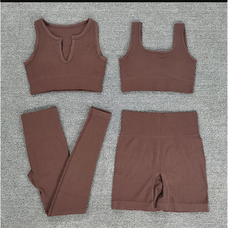 Popular Seamless Sports Shorts Workout Clothes Cross-border Yoga Six-piece Set - Brown Four Pieces