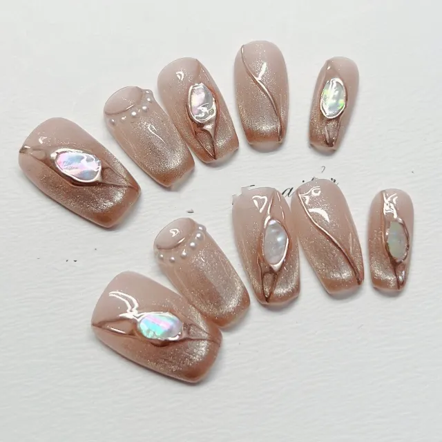 Stereo Retro Cat's Eye Fake Nails Shell Stone - Shop at LoveMi
