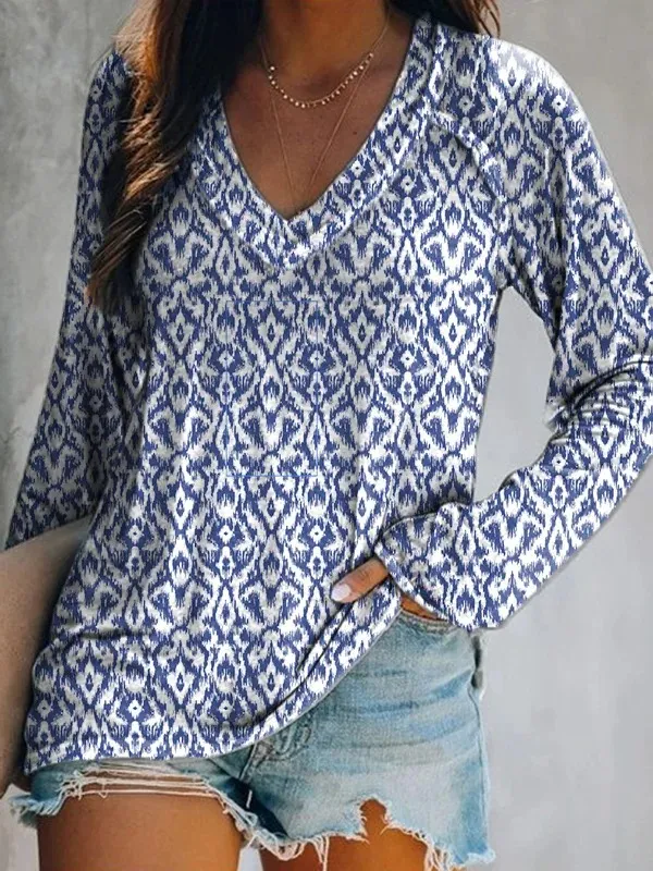 European And American Style Skull Print Casual Long-Sleeved Pullover Deep V-Neck T-Shirt - G61Z46