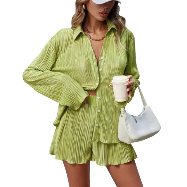 Casual Solid Color Pleated Lapel Long Sleeve Shorts Suit Grass Green - Shop at LoveMi