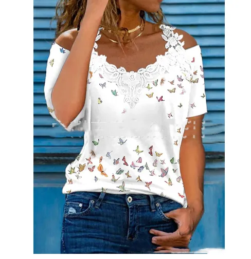 V Neck Lace Shoulder Drain Short Sleeve Casual - White1