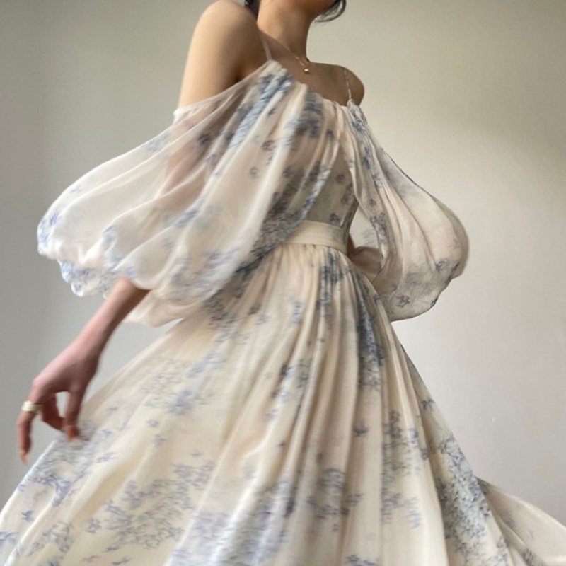 Floral Fairy Dress Design Sense Off-the-shoulder Strap Top Suit