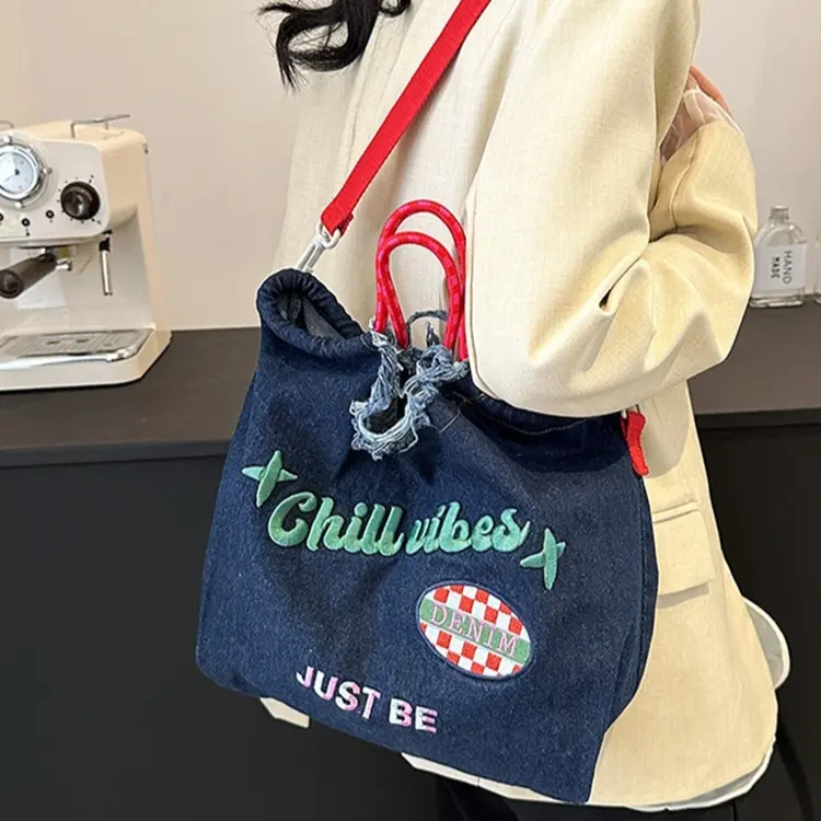 Women's Large Capacity Embroidered Denim Shoulder Bag