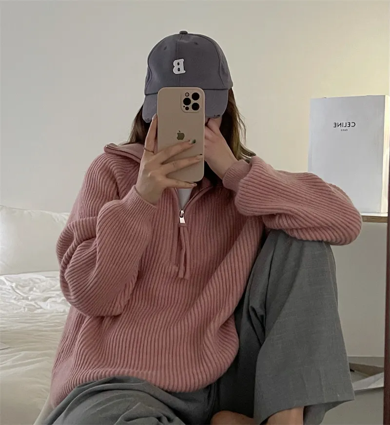 Lapel Sweater Turtleneck Zipper Pullover Sweater Coat Sweatshirt - Pink