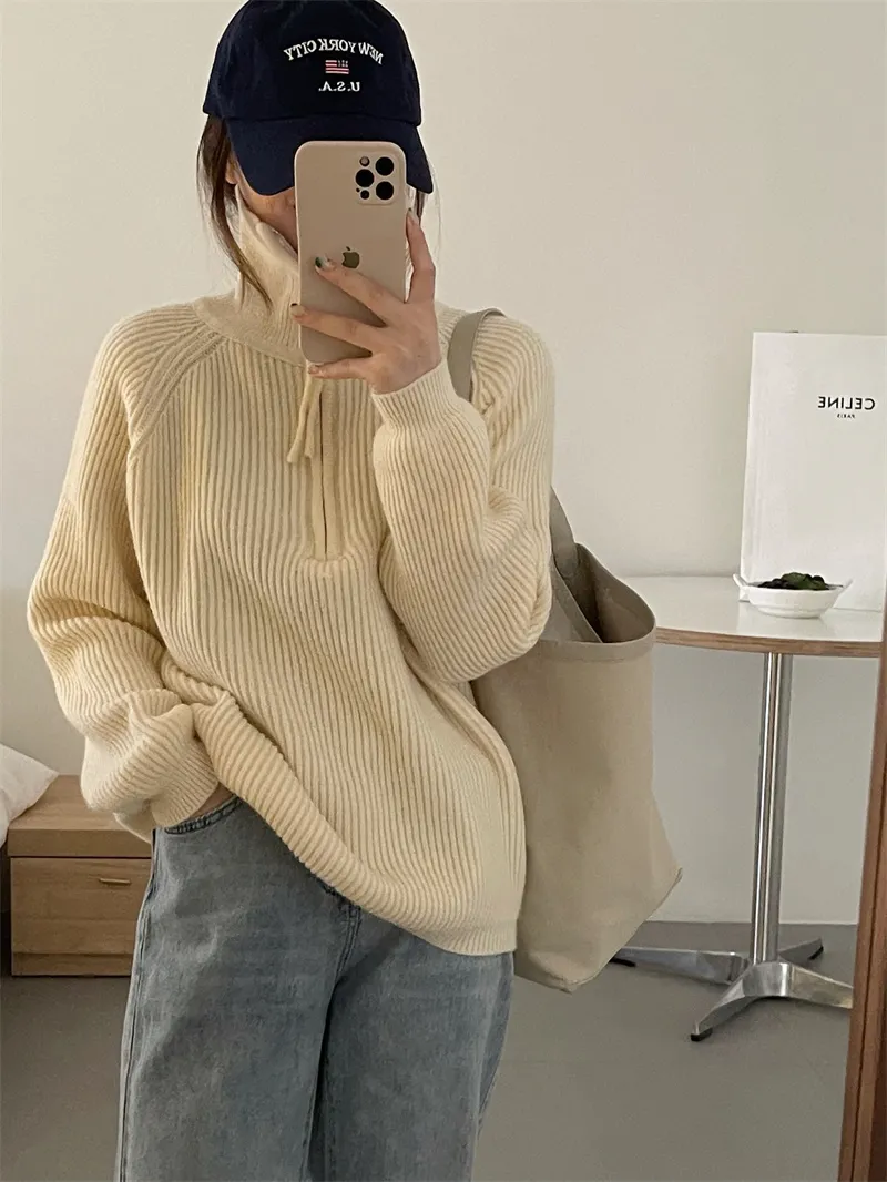 Lapel Sweater Turtleneck Zipper Pullover Sweater Coat Sweatshirt - Beige