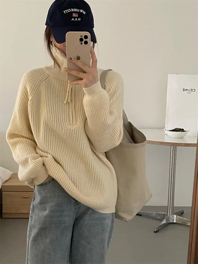 Lapel Sweater Turtleneck Zipper Pullover Sweater Coat Sweatshirt Beige - Shop at LoveMi
