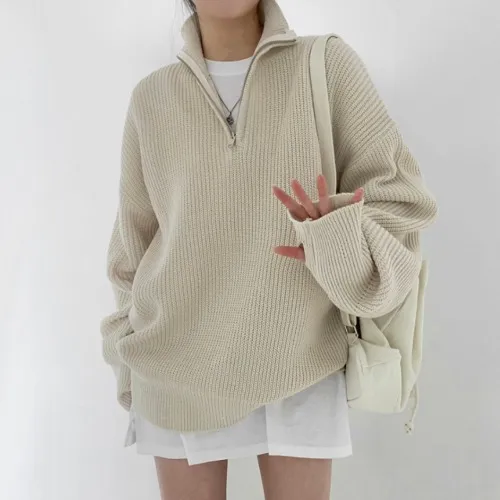 Loose Half Zipped Stand Collar Pullover Women's Casual Sweater - Apricot