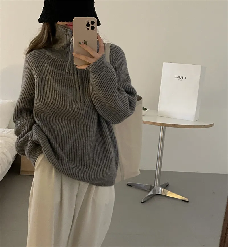 Lapel Sweater Turtleneck Zipper Pullover Sweater Coat Sweatshirt - Gray