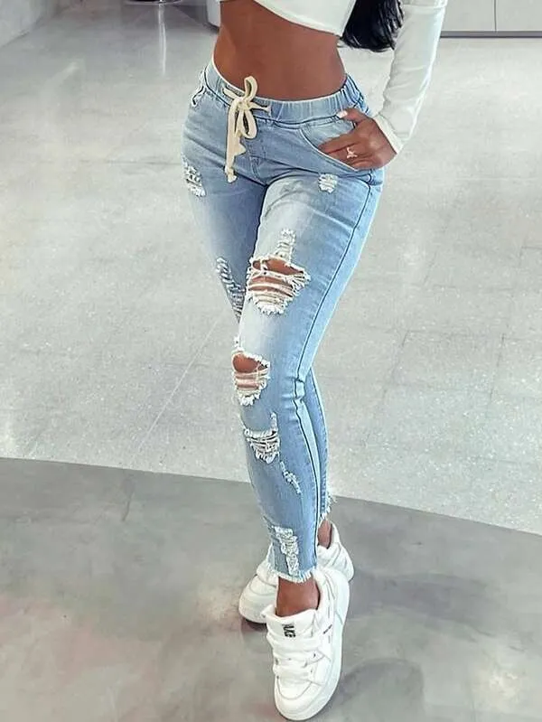European And American Women's Clothing Jeans For Women Exclusive Elastic Waist High Elasticity Light Blue - Shop at LoveMi