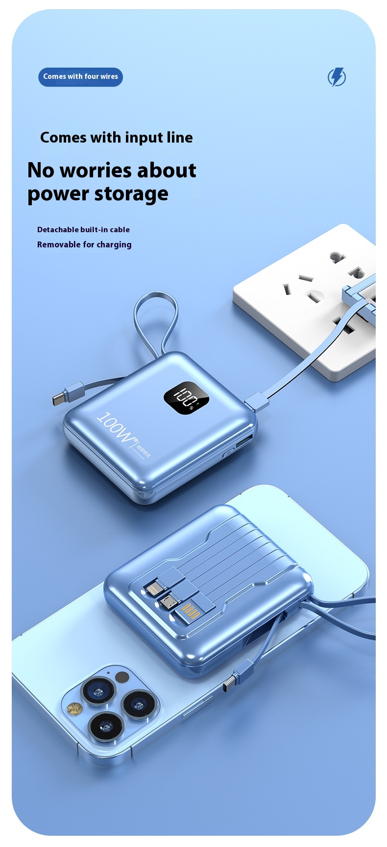 Mini-portable With Cable 20000 MA Power Bank PD225W Mobile Power Supply