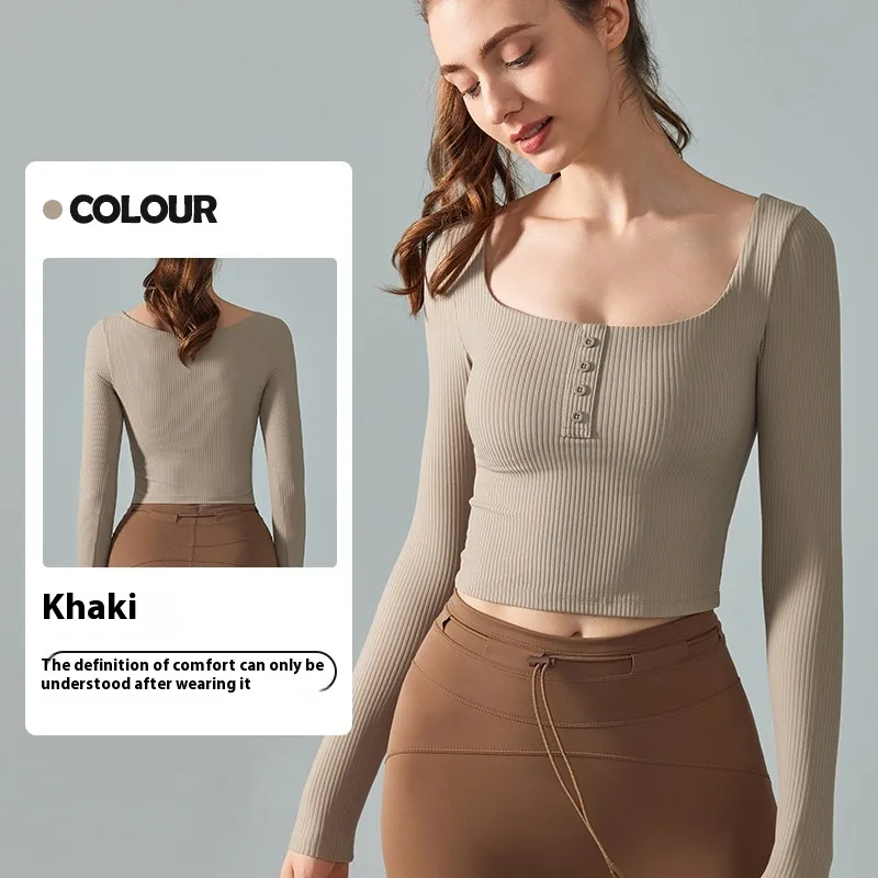 Yoga Clothes Long Sleeve Women's Professional Pilates Abdominal Exercising Band Chest Pad Slim Fit Slimming - Khaki