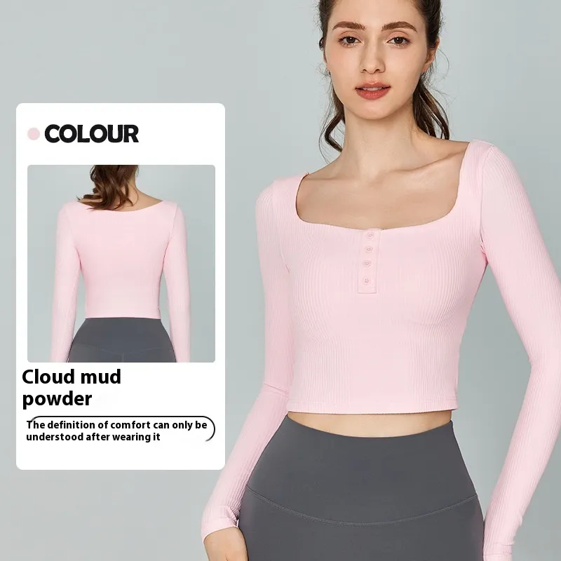 Yoga Clothes Long Sleeve Women's Professional Pilates Abdominal Exercising Band Chest Pad Slim Fit Slimming - Cloud Mud Powder