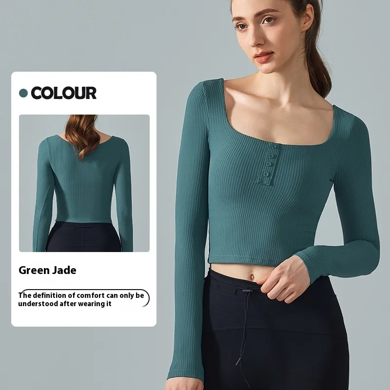 Yoga Clothes Long Sleeve Women's Professional Pilates Abdominal Exercising Band Chest Pad Slim Fit Slimming - Green Turquoise